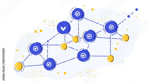 Abstract vector art depicting a network or system. Interconnected blue circles are linked by lines, symbolizing connections and nodes.