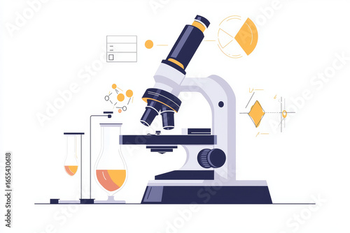 Illustration of a microscope and lab equipment.