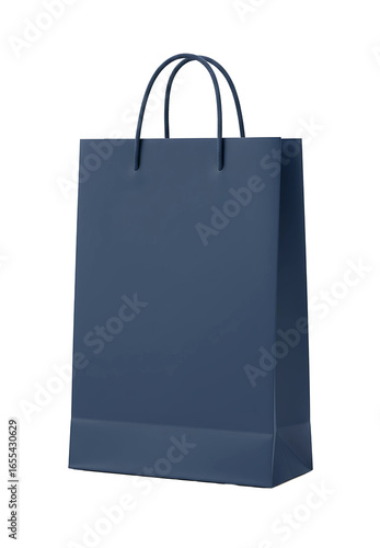 Dark blue paper shopping bag with handles isolated on transparent background