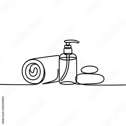 Minimalist spa set with rolled towel lotion bottle and smooth stones