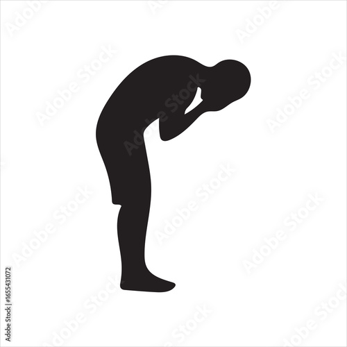 Black silhouette of a person bending over with head in hands on white background despair