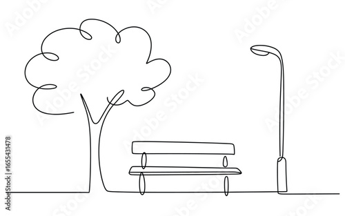 Minimalist park scene with tree bench and lamp post