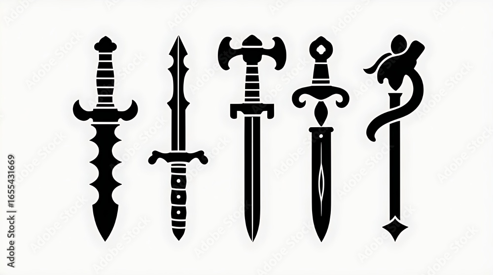 Naklejka premium A Picture Of Black Silhouette Icons of Fantasy and Mythical Blades