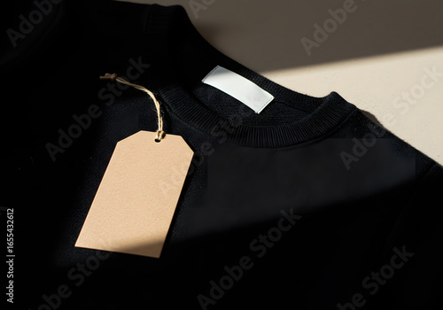 Blank clothing tag on black t-shirt mockup