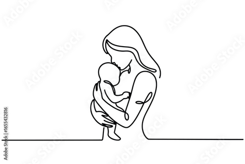 Elegant single line drawing of mother holding baby