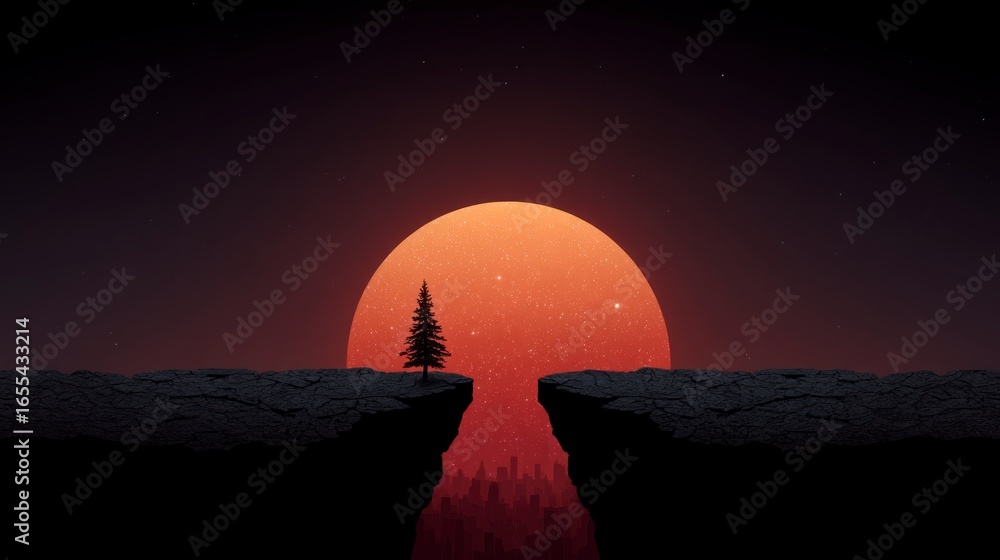Obraz premium A lone pine tree stands on a cliff edge before a large starry orange sun over a silhouetted cityscape