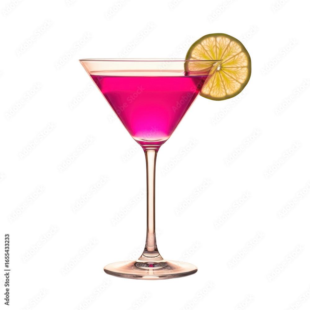 Elegant pink martini cocktail with a lime garnish isolated on transparent background Elegant pink martini cocktail with a lime garnish isolated on transparent background