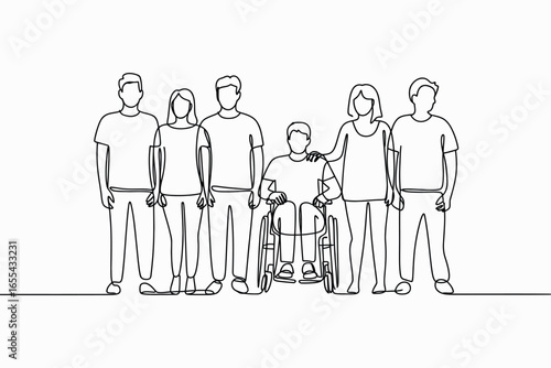 Diverse group of people standing together with one person in a wheelchair