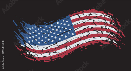American flag waving with grunge texture against a dark backdrop, symbolizing patriotism and resilience in a distressed style, evoking a sense of strength and history.