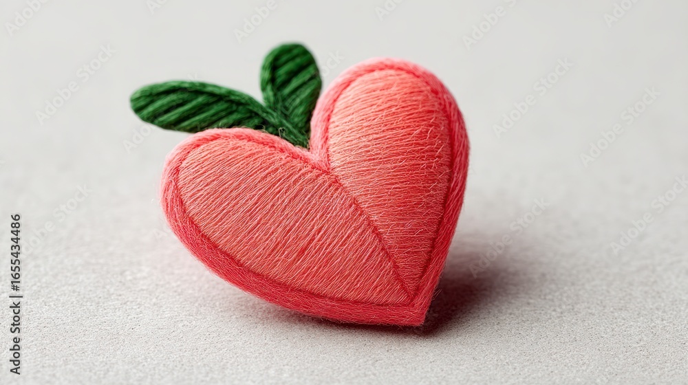 Fototapeta premium Pink embroidered heart with green leaves on a textured gray surface love