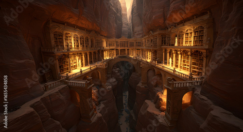 Underground library hall illuminated with warm golden light.