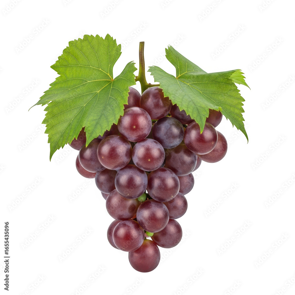 Fototapeta premium Fresh red grapes with green leaves isolated on transparent background