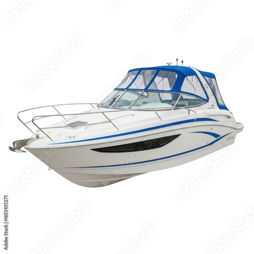 Modern motorboat isolated on transparent background with blue details and canopy