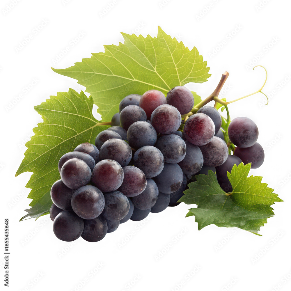 Fototapeta premium Dark grapes with green leaves isolated on transparent background