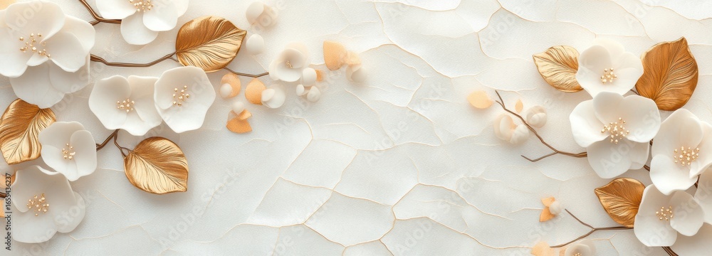 Fototapeta premium Elegant floral design featuring embossed golden leaves and delicate blossoms on a textured white background