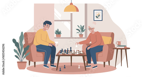 Man and woman playing chess in cozy living room with warm lighting, enjoying a friendly game and intellectual stimulation.