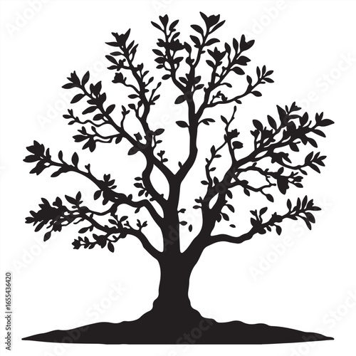 A classic black and white vector silhouette of a manzanita tree on a white background, rendered in the style of a cast bronze surface with an antique patina finish, emphasizing timeless elegance.eps