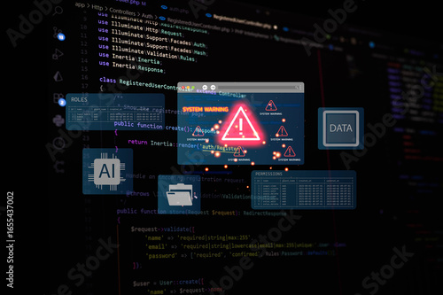 Canvastavla Futuristic concept of Laravel backend code with AI icons, data permissions, and system warning alert