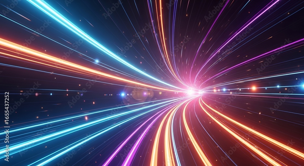 Naklejka premium Colorful neon light trails forming abstract curved lines on dark background, symbolizing speed, data flow, and futuristic technology. Perfect for digital design, sci-fi, and innovation themes.