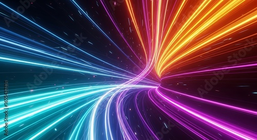 Cinematic sci-fi wallpaper menampilkan terowongan cahaya interdimensi bercahaya, dengan aliran neon biru, oranye, dan ungu berputar menuju portal kosmik, penuh energi misterius dan futuristik.