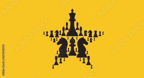 Chess pieces forming star shape on yellow backdrop representing strategy and intellect in game of skill and competition.