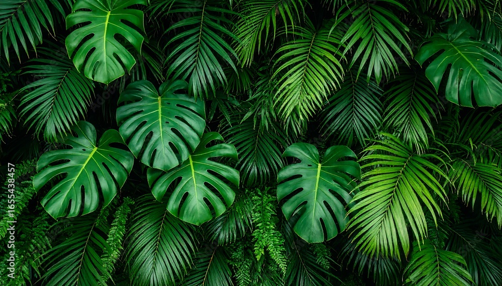 Lush Tropical Green Foliage Monstera and Palm Leaves Pattern Background. Lush Tropical Green Foliage Monstera and Palm Leaves Pattern Background.