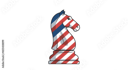 American chess knight piece stands proudly against a white backdrop, symbolizing strategy and patriotism with its red, white, and blue stripes, evoking a sense of national pride.