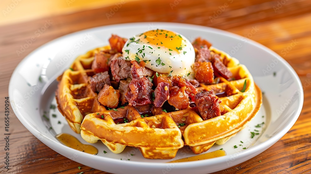 Fototapeta premium Savory waffle topped with a fried egg and diced bacon, a delicious breakfast dish
