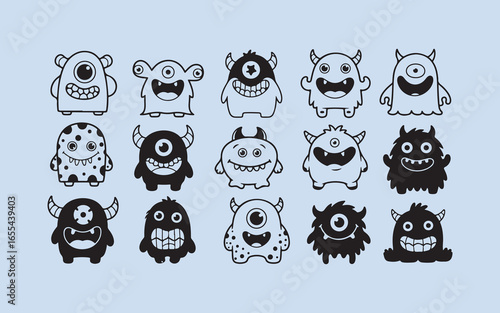 Collection of fifteen cute and funny cartoon monsters with big eyes and smiles