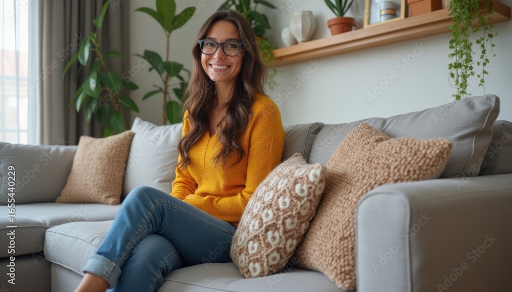 © natakot - Smiling woman in cozy sweater sitting on a stylish couch © natakot - Smiling woman in cozy sweater sitting on a stylish couch