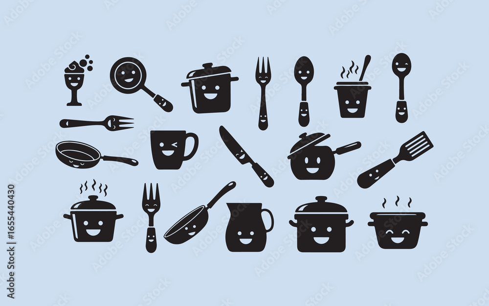 Obraz premium Collection of cute cartoon kitchen utensils and cookware with happy faces