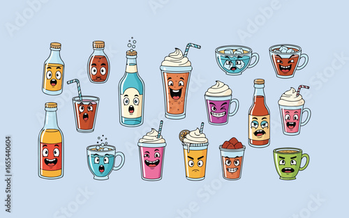 Collection of fun cartoon tiki drinks and bottles with faces on a light blue background