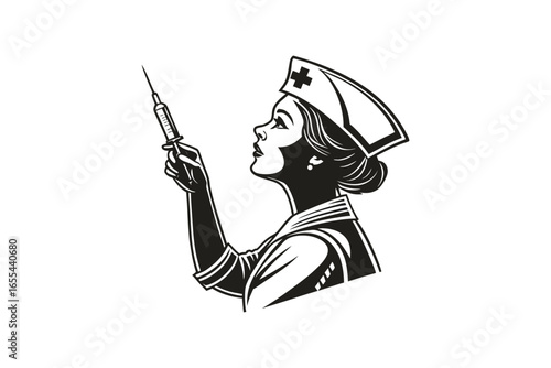 Vintage nurse silhouette holding syringe isolated on white background