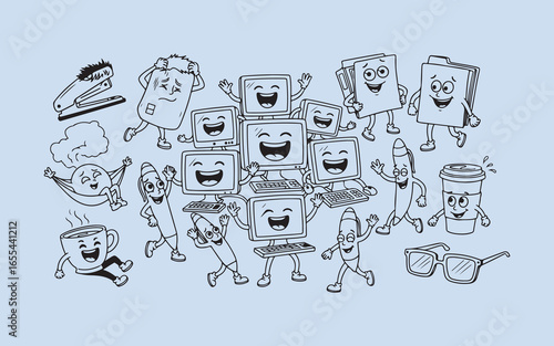 A joyful group of cartoon characters with expressive faces and arms raised in celebration