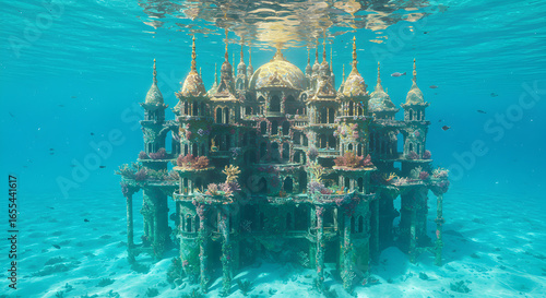 Submerged cityscape with golden domes and tall spires surrounded by marine life.
