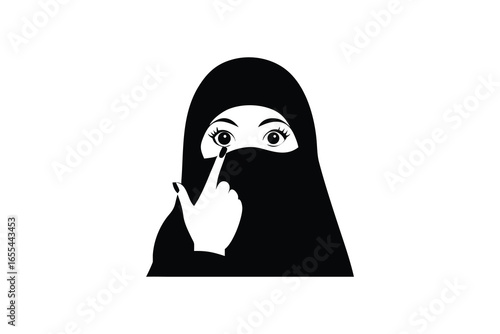 Woman in niqab with finger to lips silhouette isolated on white background