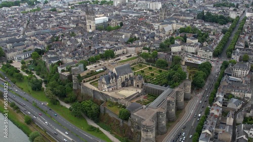 A panorama aerial view of  the old town in the city Angers  in France on a sunny summer day