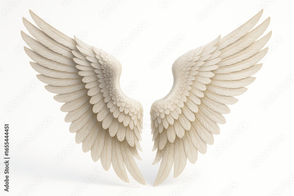 Fototapeta premium Ethereal seraph wings with luminous feathers in pristine white 3D artistic rendering