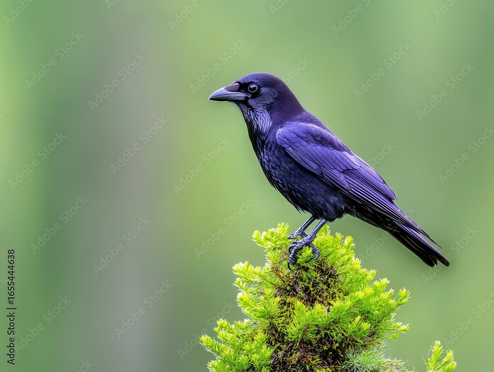 Obraz premium Dark crow perched on a small evergreen
