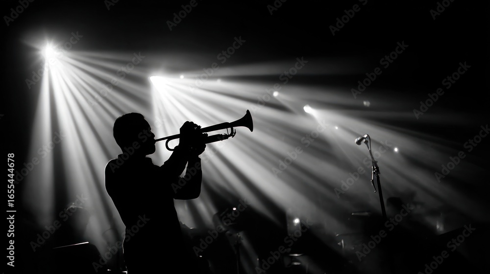Fototapeta premium Silhouette of a musician playing trumpet under dramatic stage lights. Black and white photo