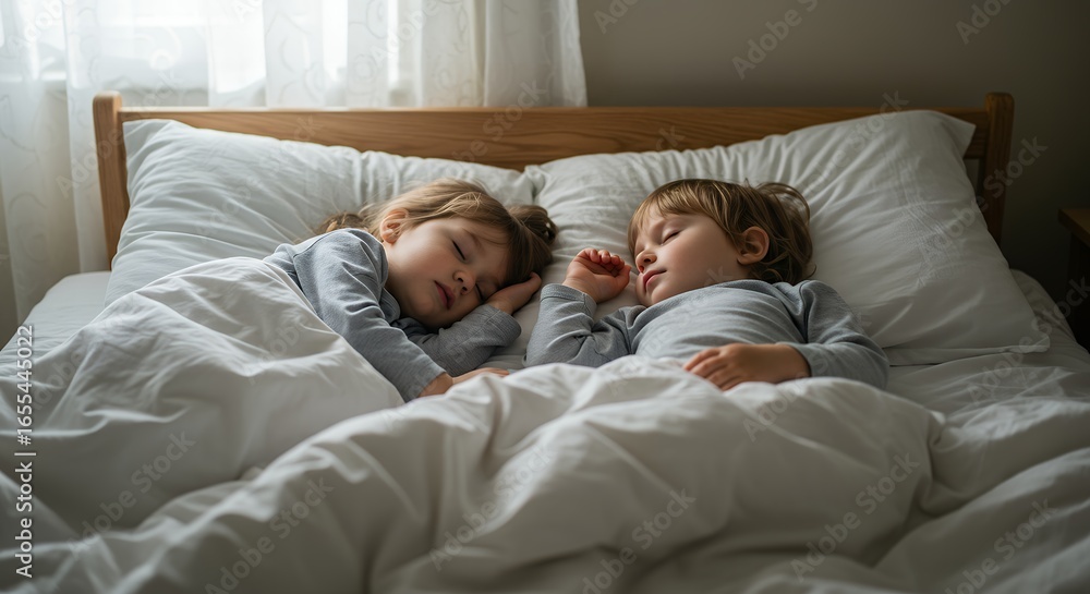 Fototapeta premium Sleeping Siblings in Bed with Soft Morning Light