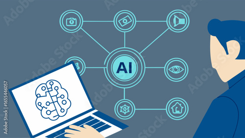AI Technology Concept Laptop Displaying Circuit Brain Network Connections.