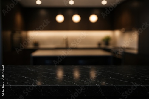 Modern kitchen island with black marble top ready for product placement photography