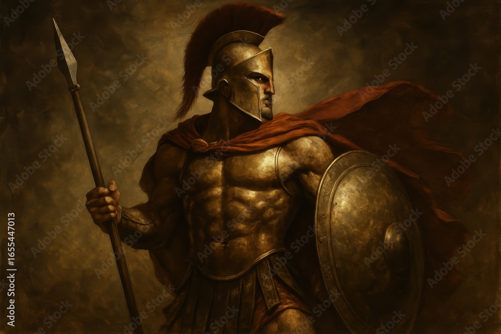 Fototapeta premium Epic Spartan warrior in classical bronze armor with shield and spear representing ancient Greek military strength and heroic courage