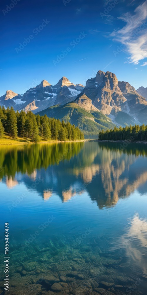 Naklejka premium Mountain range with lake in foreground