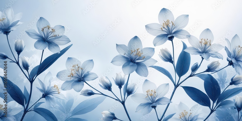 Obraz premium Delicate floral x-ray of jasmine flowers in white and blue hues
