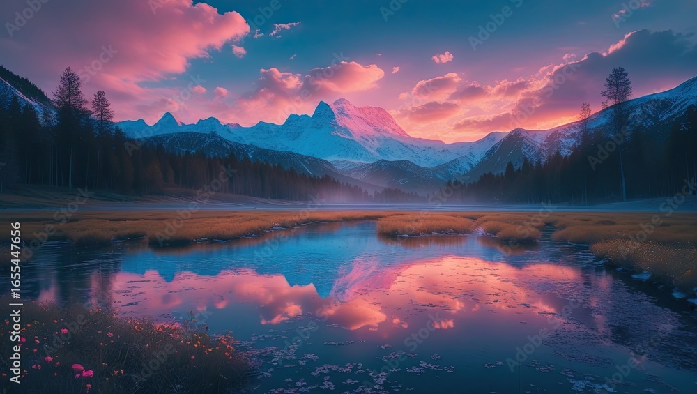 Fototapeta premium Serene mountain lake at sunset reflecting vibrant clouds.