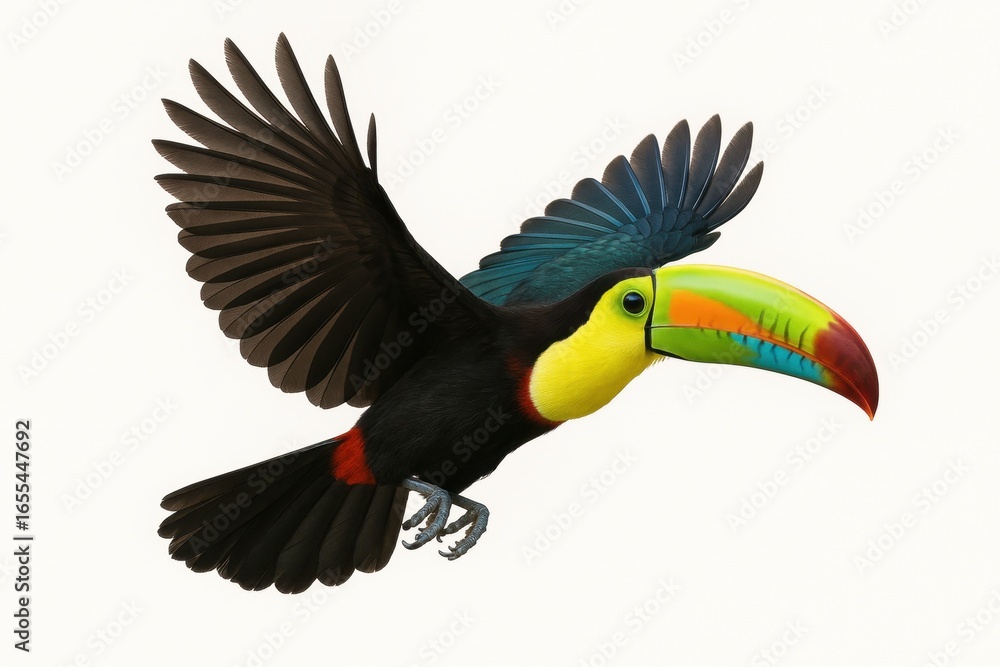 Fototapeta premium Vibrant toucan in flight with wings spread showing tropical rainbow plumage