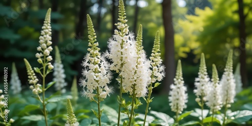 Tall black cohosh plant with white flowers and green foliage against a shaded background
