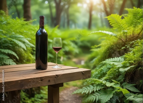 An unmarked wine bottle rests on a reclaimed wood picnic table